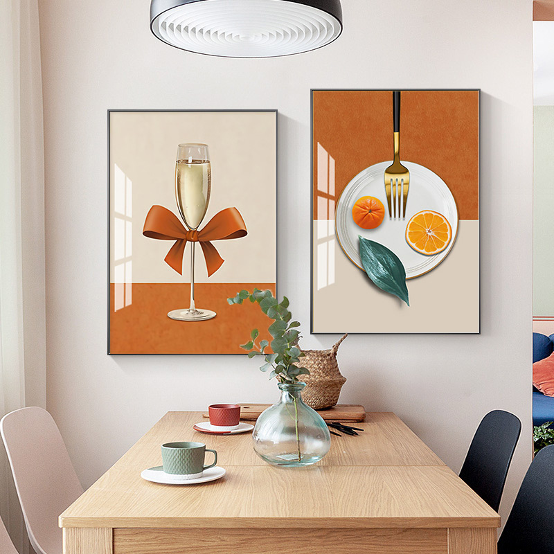 现代简约餐厅装饰画客厅水果酒杯橙色壁画北欧饭厅餐桌背景墙挂画图片