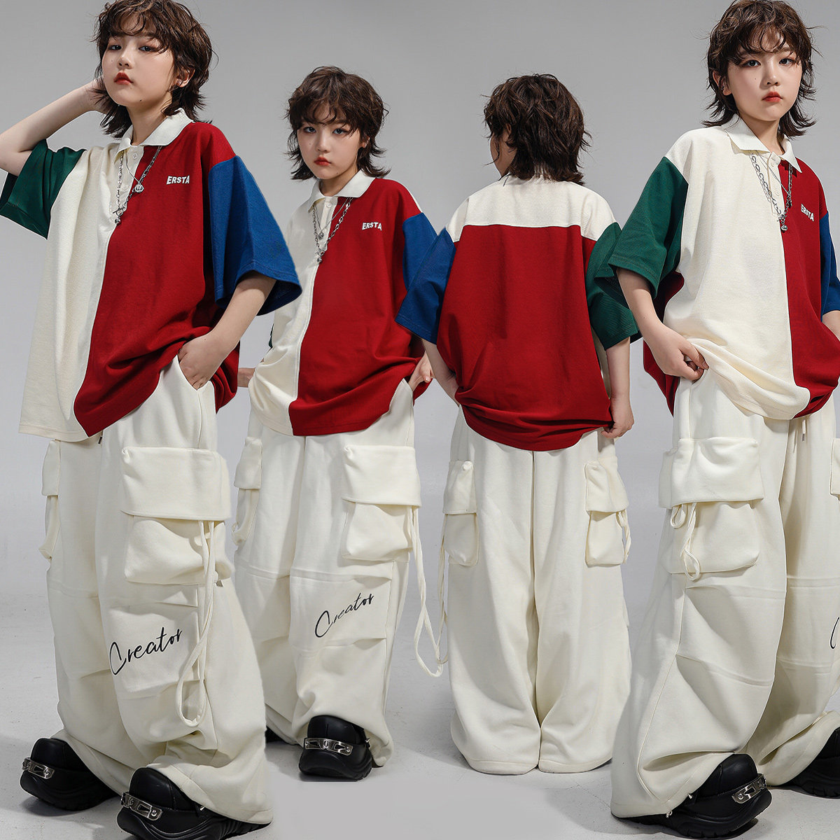 儿童街舞演出服男童嘻哈潮服少儿hiphop穿搭练功服夏季美式POLO衫
