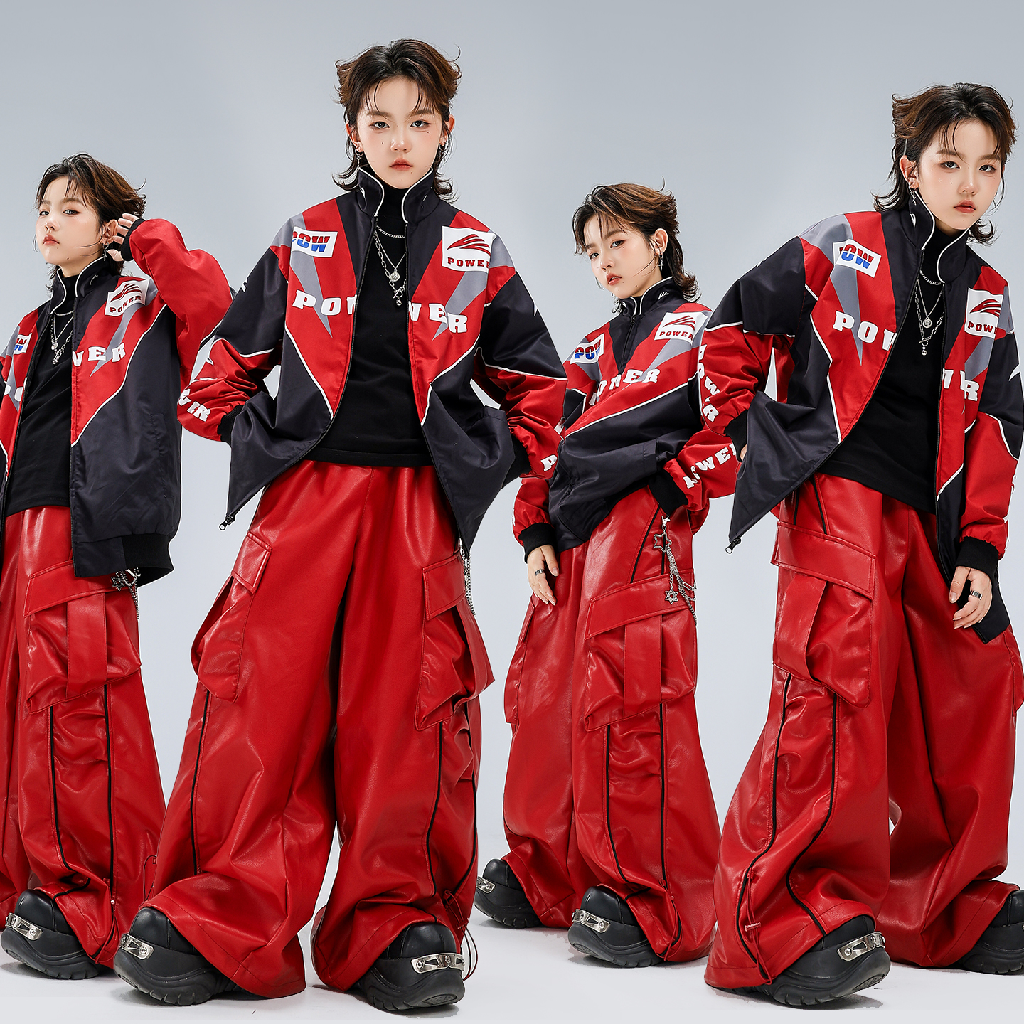 男女童嘻哈街舞长袖夹克皮裤套装