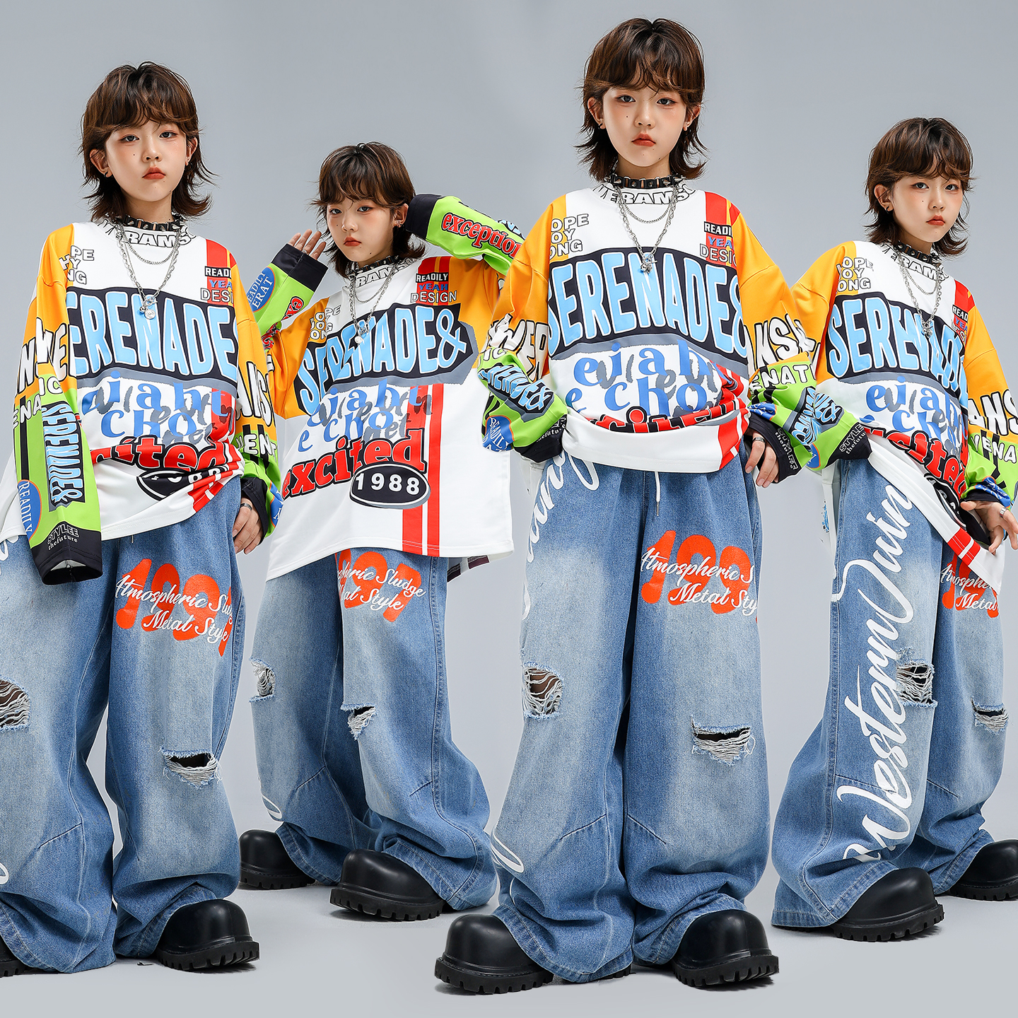 男女童嘻哈街舞长袖卫衣牛仔长裤