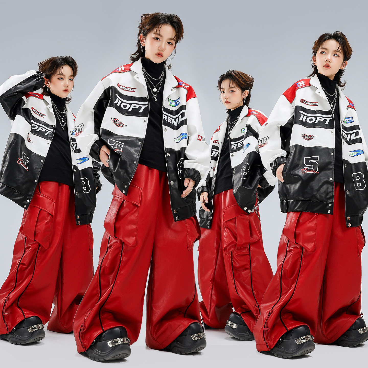 男女童嘻哈街舞长袖夹克皮裤套装