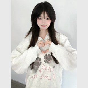韩系甜美小上衣巨好看设计感宽松休闲减龄小猫爪子印花卫衣女 秋季
