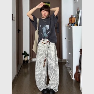 潮流复古别致设计感上衣潮酷宽松百搭趣味印花深灰色T恤女夏 美式