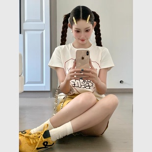 美式 正肩顯瘦減齡百搭甜辣風(fēng) 新款 潮酷創(chuàng)意簡約愛心印花T恤女夏季