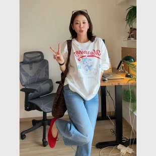 韩系chic感上衣女2025夏季 简约百搭撞色卡通涂鸦印花T恤 新款 爆款