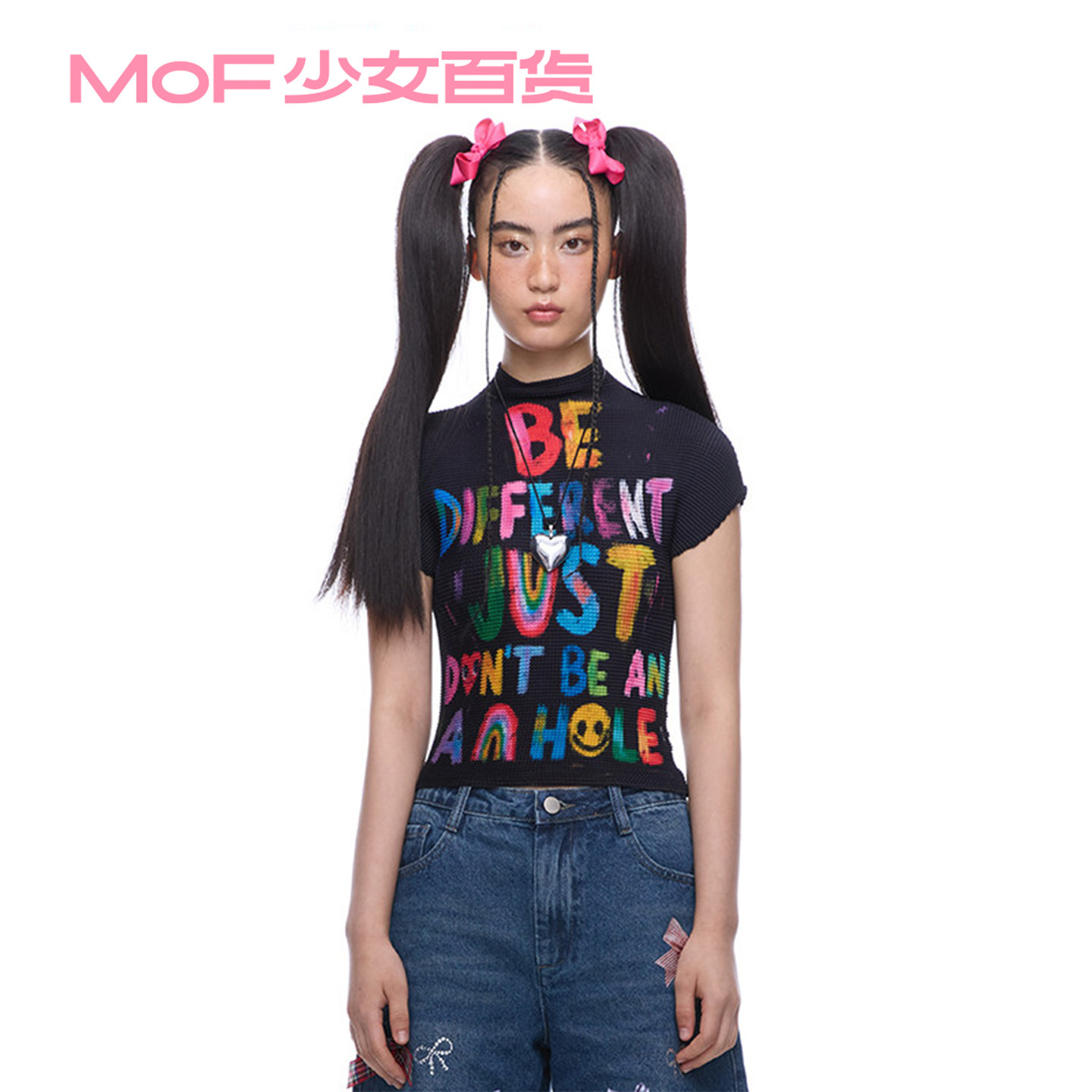 MOF少女百货 褶皱衫金靖明星同款涂鸦黑色字母辣妹褶皱短袖T恤图片
