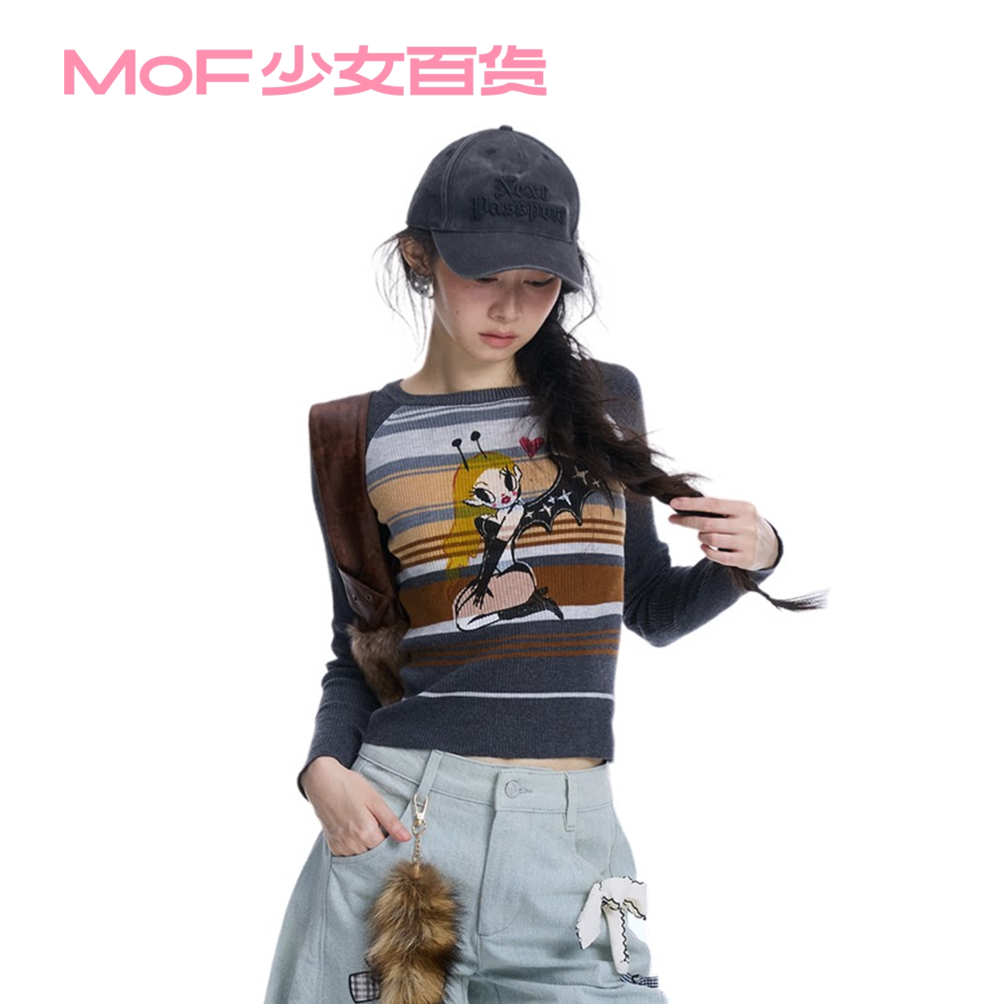 MOF少女百货 拼色针织衫圆领条纹插肩袖上衣卡通印花打底衫上衣