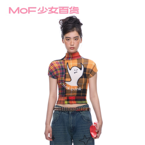 MOF少女百货 褶皱衫橘格子OKman童趣涂鸦短袖T恤美式复古褶皱上衣