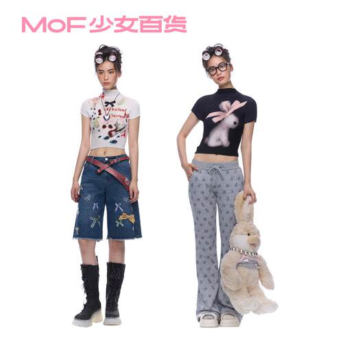 MOF少女百货 田曦薇同款涂鸦褶皱衫秋季童趣印花显瘦正肩短袖T恤