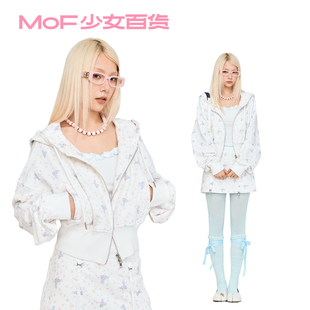 MOF少女百货 韩系白色满印蝴蝶结连帽卫衣女秋季短款拉链外套