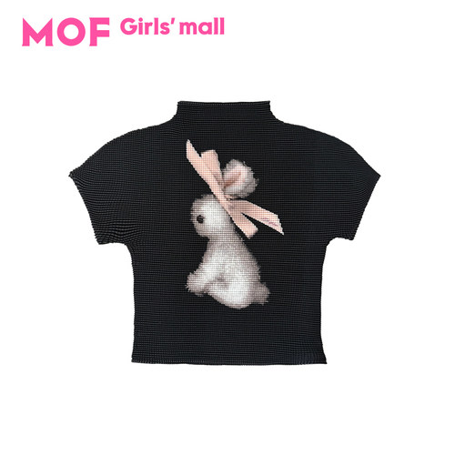 MOF少女黑色丝带兔短袖褶皱衫