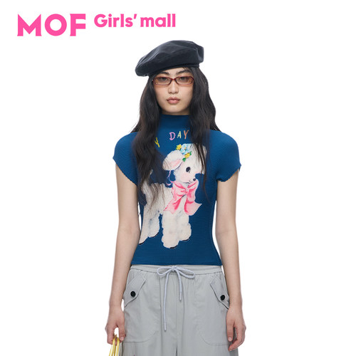 MOF少女百货 褶皱衫藏蓝色小羊褶皱上衣童趣涂鸦短袖T恤轻薄透气