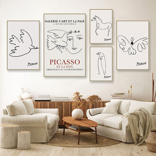 毕加索抽象线条挂画客厅和平鸽极简艺术装饰画餐厅手绘风动物壁画