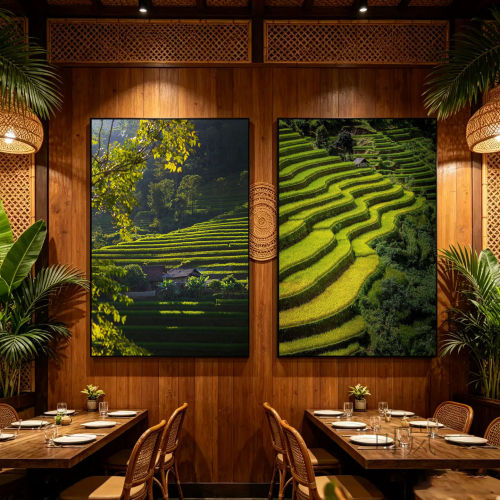 梯田装饰画东南亚火锅店餐厅挂画饭店越南奥黛斗笠女子日落风景画