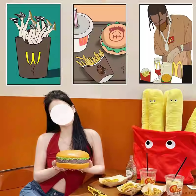 汉堡店装饰画麦当劳薯条小吃店挂画披萨店西餐厅潮牌创意卡通壁画