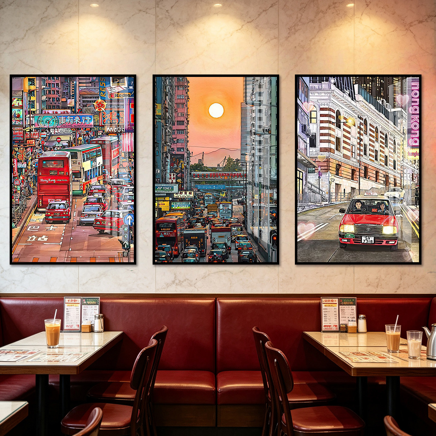 香港街景装饰画港风叮叮车巴士手绘插画港式茶餐厅饭店奶茶店壁画