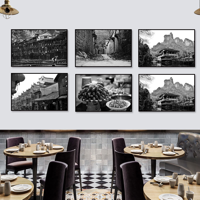 湖南装饰画湘菜馆餐馆饭店火锅店挂画长沙怀旧老照片黑白建筑壁画