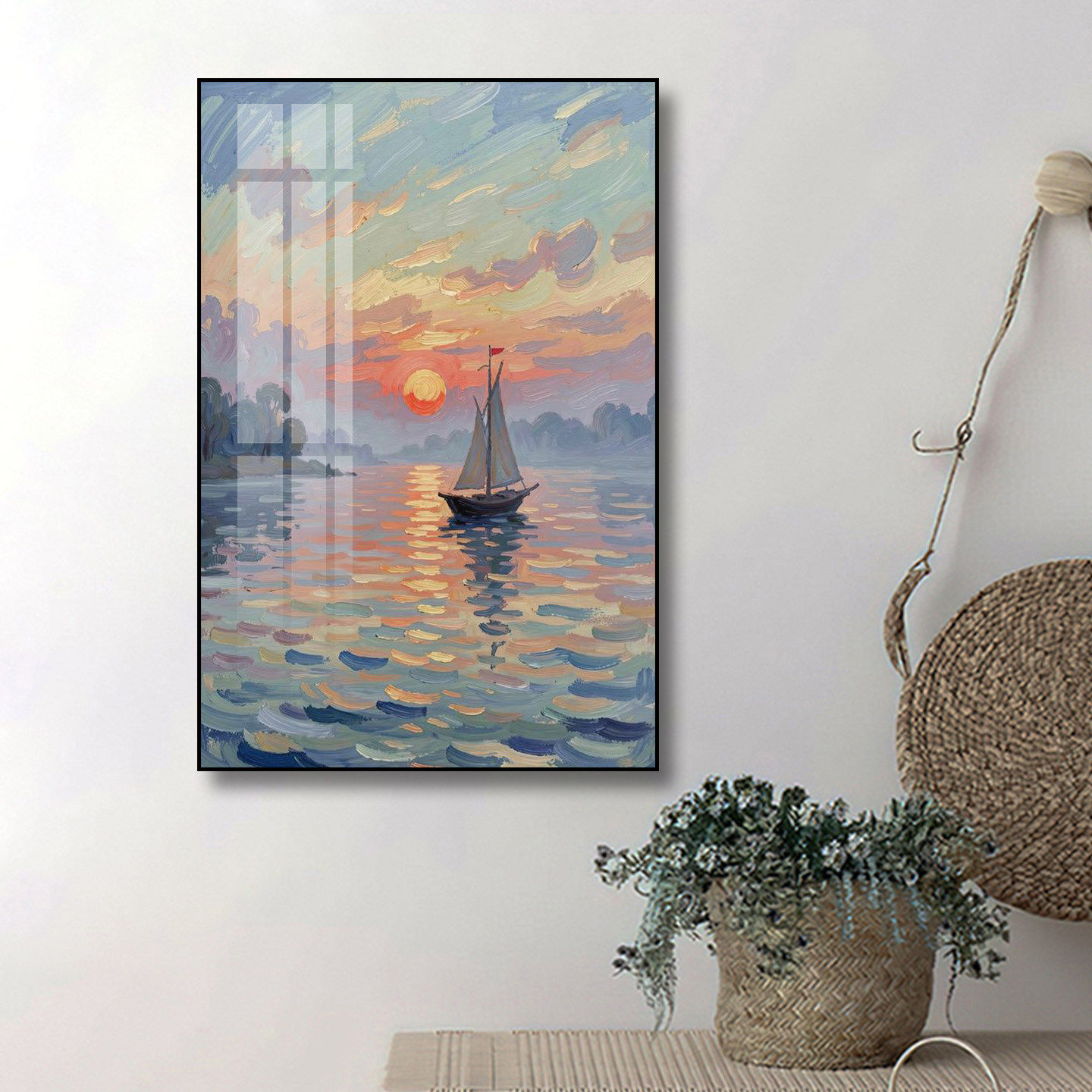 帆船装饰画莫奈海景油画壁画客厅餐厅卧室艺术北欧风日出风景挂画