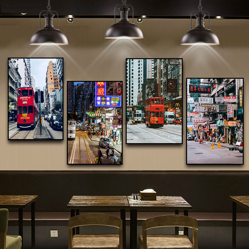 香港街景装饰画怀旧港式茶餐厅城市建筑夜景挂画烧烤店大排档壁画