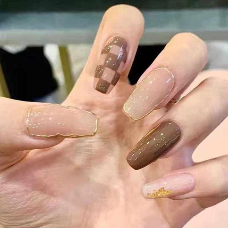棋盘格穿戴式美甲贴片ins风高级感法式假指甲款式小众甲片中长款