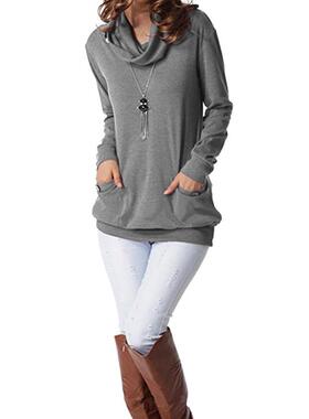 button Turtleneck long pocket T-shirt sleeves Top