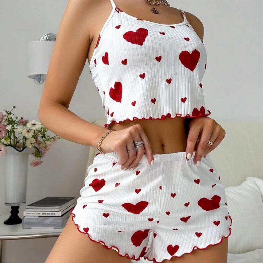 Women's knitted heart suspender shorts pajamas