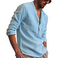 Tops Long Linen and Sleeve Henley Mens Casual Shirt Collar