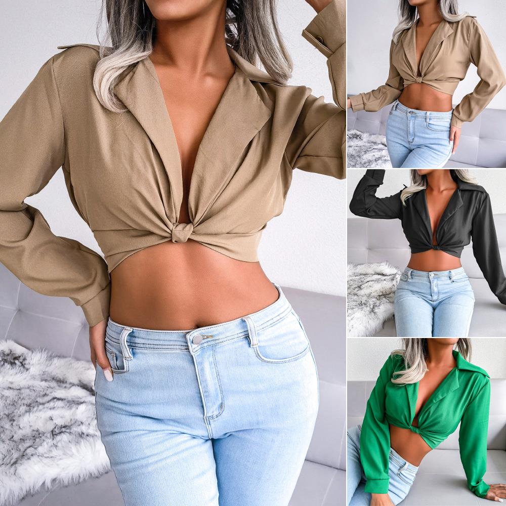 Suit collar knotted shirt belly-baring top for women