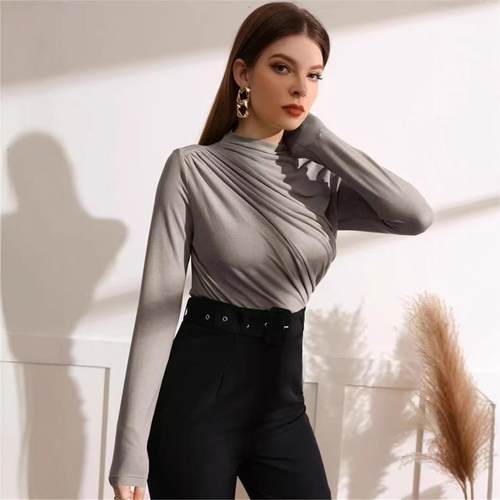 solid all-match long-sleeved womens top T-shirt Pleated