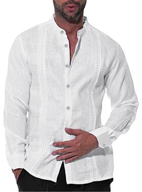 shirt mens sleeve long collar stand linen and cotton casual
