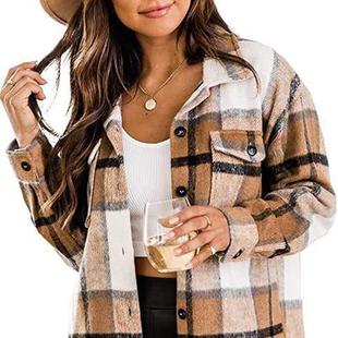 Shirt Jacket Plaid Long Woolen Casual Outerwear Flannel