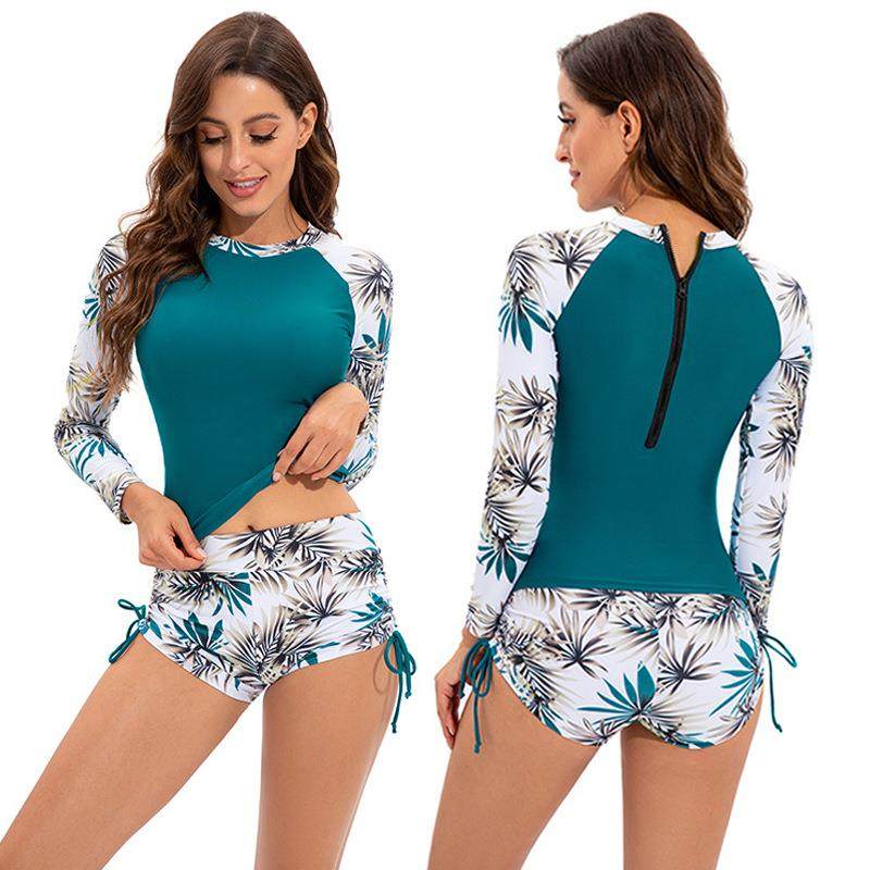 Long-sleeved swimsuit beach round neck pullover boxer split