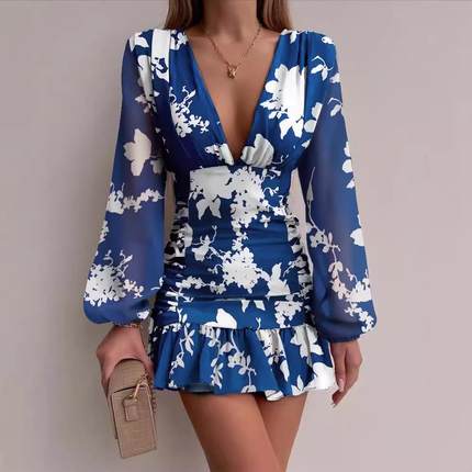 dress skirt mid-length blue tight pullover mid-skirt V-neck