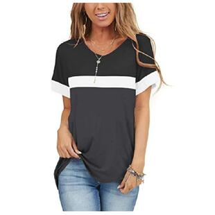 sleeve round short stitching contrast solid Womens color