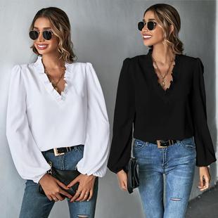 tops ruffled Womens neck ladies long loose sleeved