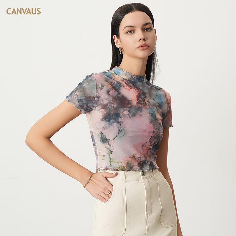 Small high collar short ink tie-dyed short-sleeved T-shirt