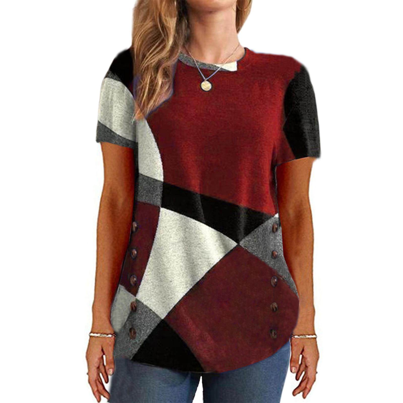 womens geometric color loose T-shirt contrast Button new