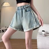 宽松阔腿短裤 大码 翻边女 新款 水洗松紧腰韩版 牛仔短裤 女2026年夏季