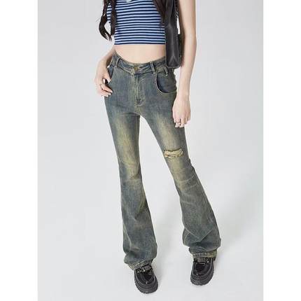 春季新款复古蓝色高腰显瘦紧身微喇叭175高个子加长拖地牛仔裤女