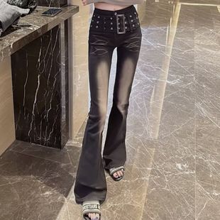紧身阔腿显瘦百搭长裤 御姐范复古腰带微喇叭牛仔裤 女春秋弹力修身
