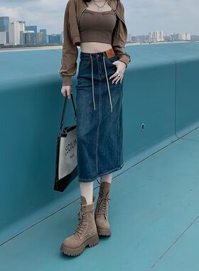 ng桃喜蓝色后开叉长款牛仔半身裙女秋高腰绑带设计感直筒长裙