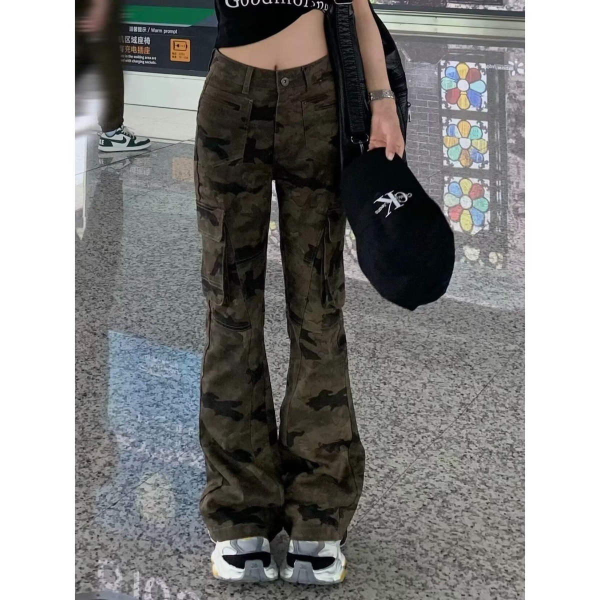 美式高街复古迷彩微喇工装裤女秋季薄款低腰显瘦阔腿牛仔休闲长裤