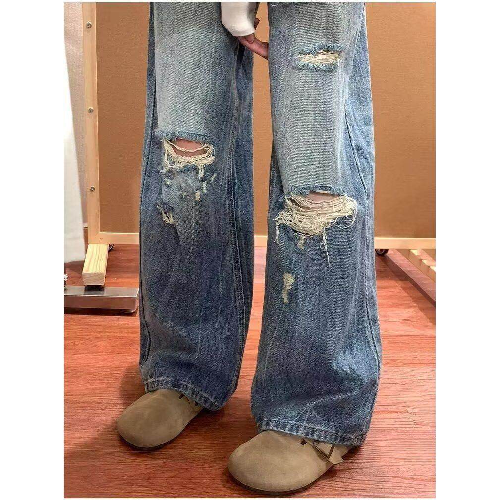 美式复古蓝破洞牛仔裤女新款高腰宽松显瘦直筒裤设计感水洗牛仔裤,女装/女士精品,牛仔裤,淘宝优惠券,粉丝福利购,淘宝优惠卷