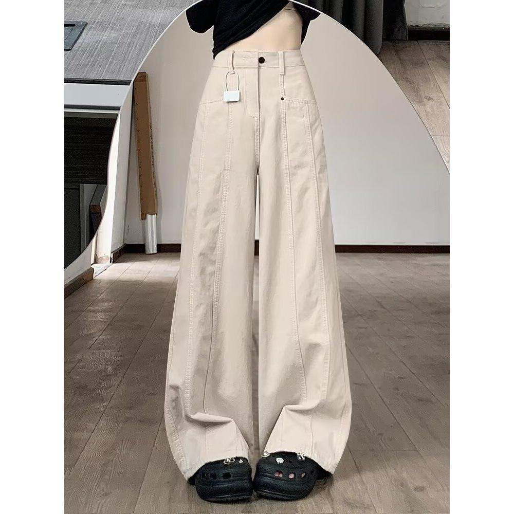 美式米杏色工装牛仔裤女2025秋季新款高腰宽松垂感直筒阔腿休闲裤