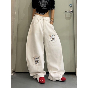 涂鸦印花复古白色阔腿弯刀牛仔裤 子 女设计感明线口袋宽松垂感长裤