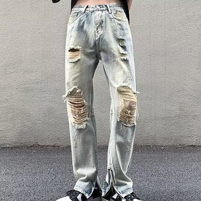 涂鸦破洞牛仔裤男夏季潮牌ins高街痞帅修身直筒拉链开叉休闲长裤