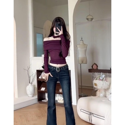 加绒加厚美式辣妹复古深蓝色低腰微喇叭牛仔裤女2025新款修身显瘦