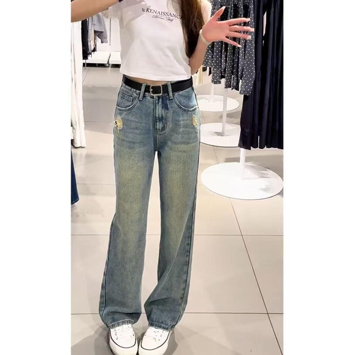 时尚破洞直筒牛仔裤女秋季2025新款裤子高腰显瘦窄版阔腿裤inside