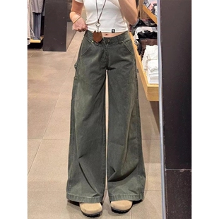 复古军绿色工装 胖mm高腰宽松显瘦阔腿裤 牛仔裤 大码 女2026秋季 美式