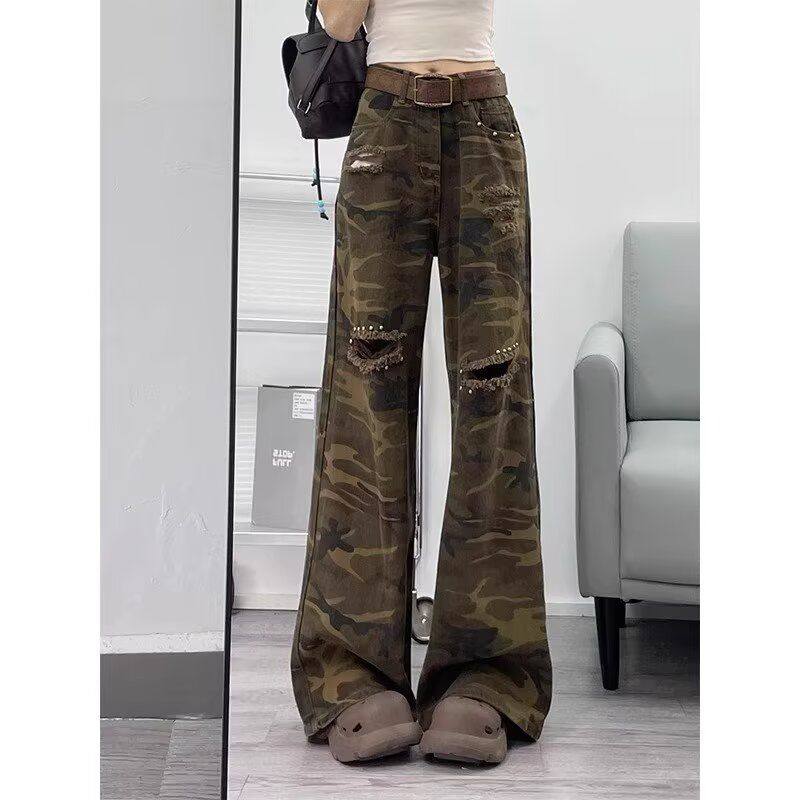 美式复古迷彩破洞牛仔裤女春秋2025年新款设计感宽松直筒阔腿裤子,女装/女士精品,牛仔裤,淘宝优惠券,粉丝福利购,淘宝优惠卷